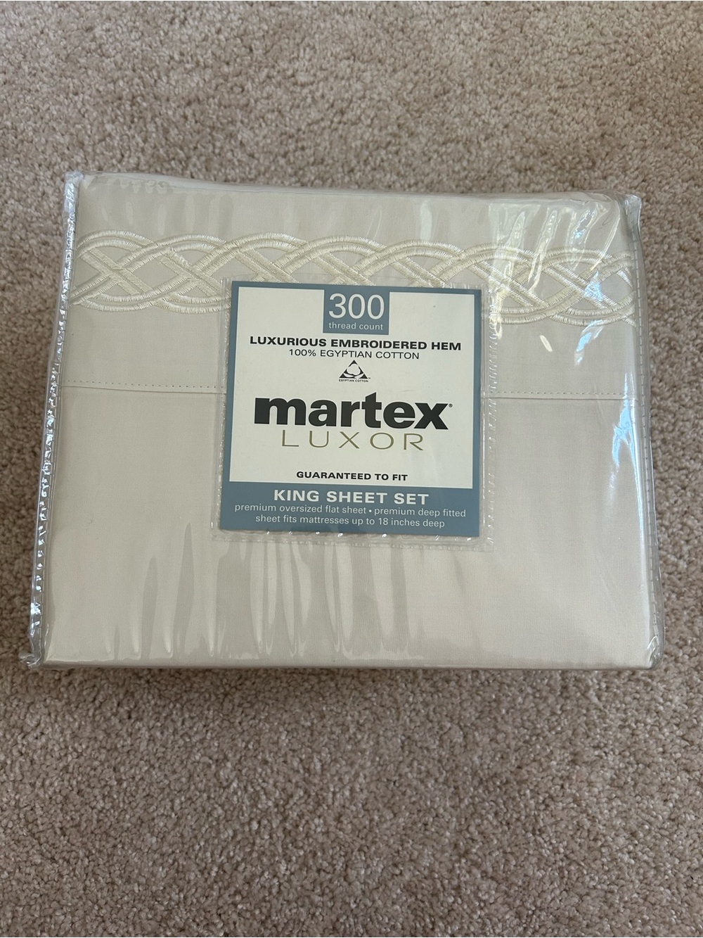 Martex Luxor King Sheet Set - Cream Embroidered Hem, 300 TC